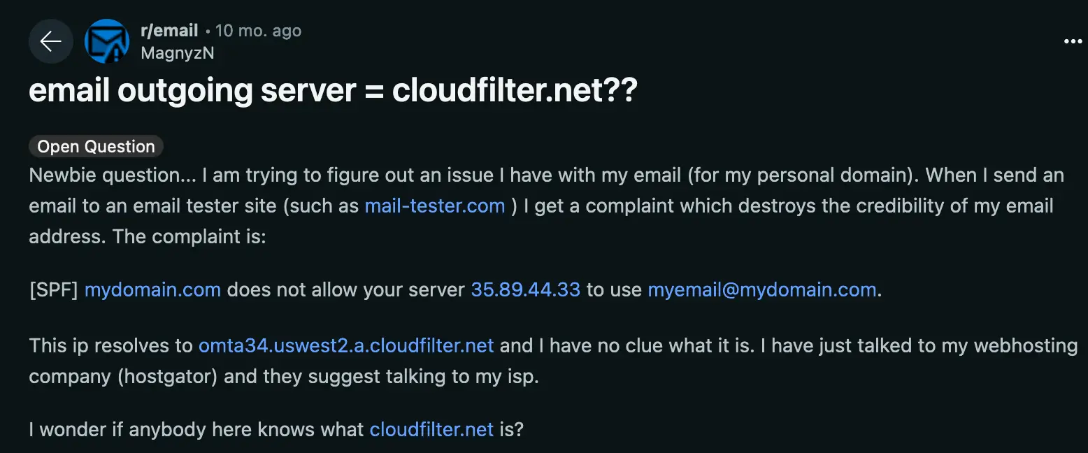 Shared MTA for Cloudfilter reddit thread screenshot.