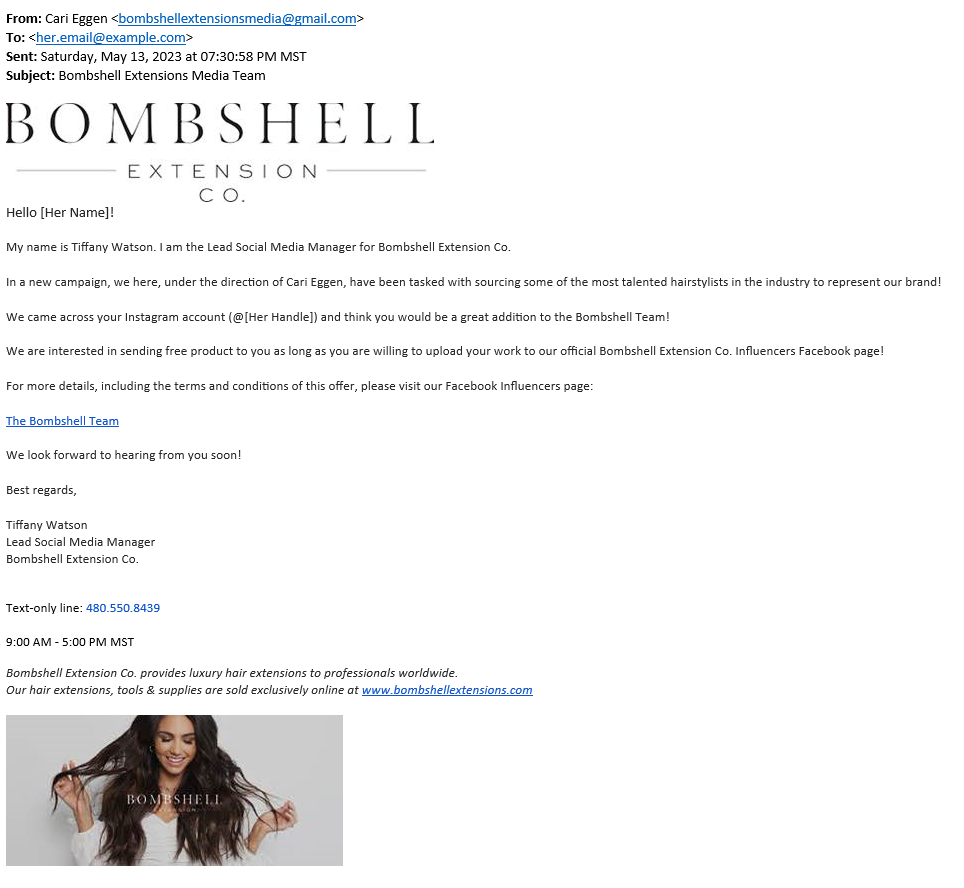 Phishing Email Impersonating Bombshell Extensions Media Team