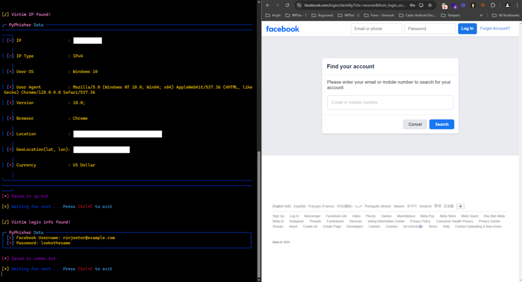 PyPhisher tool cloning Facebook login page