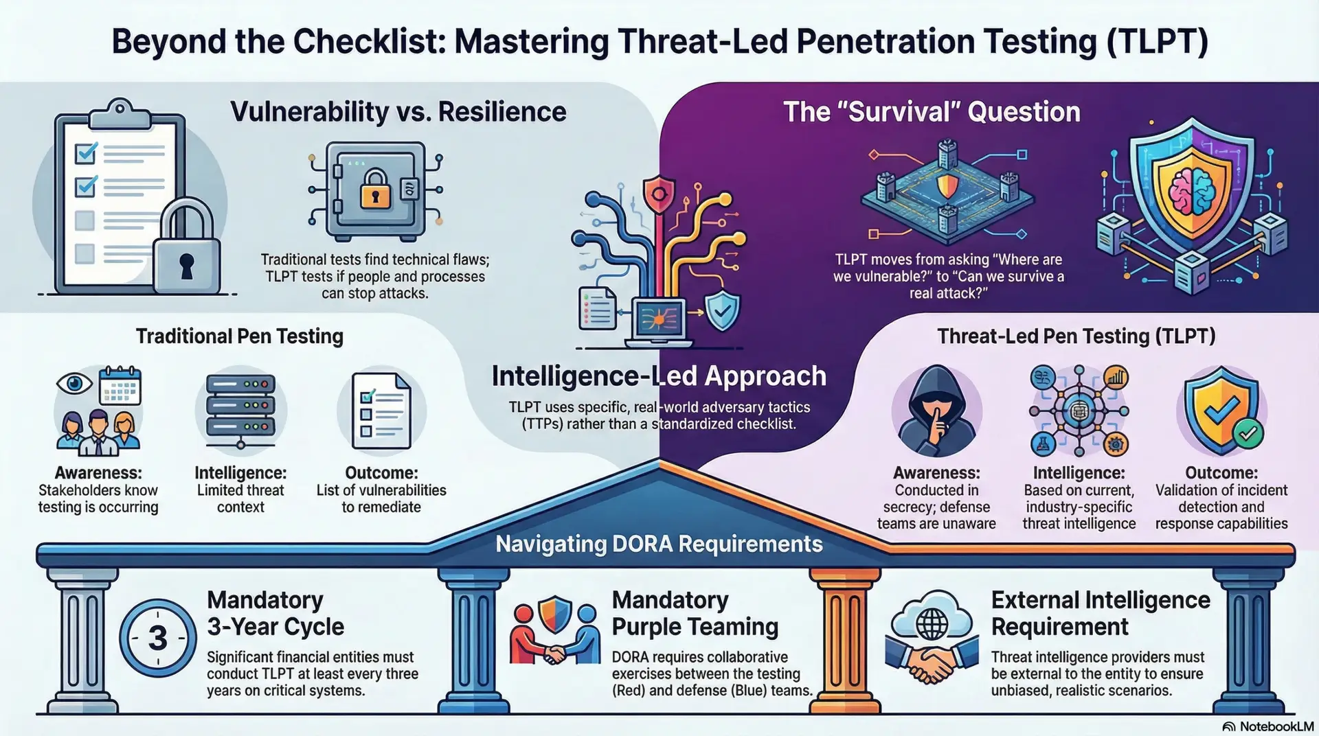 Infographic about TLPT coving items such as Frequency: TLPT must be conducted every three years at a minimum, though supervisory authorities may require more frequent testing Scope: Testing must cover critical live production systems and include ICT third-party service providers where relevant Purple teaming: Collaborative exercises between TLPT teams and blue teams are mandatory under DORA External threat intelligence: The threat intelligence provider must always be external to the financial entity Tester qualifications: DORA specifies minimum experience requirements and professional certifications for testing teams