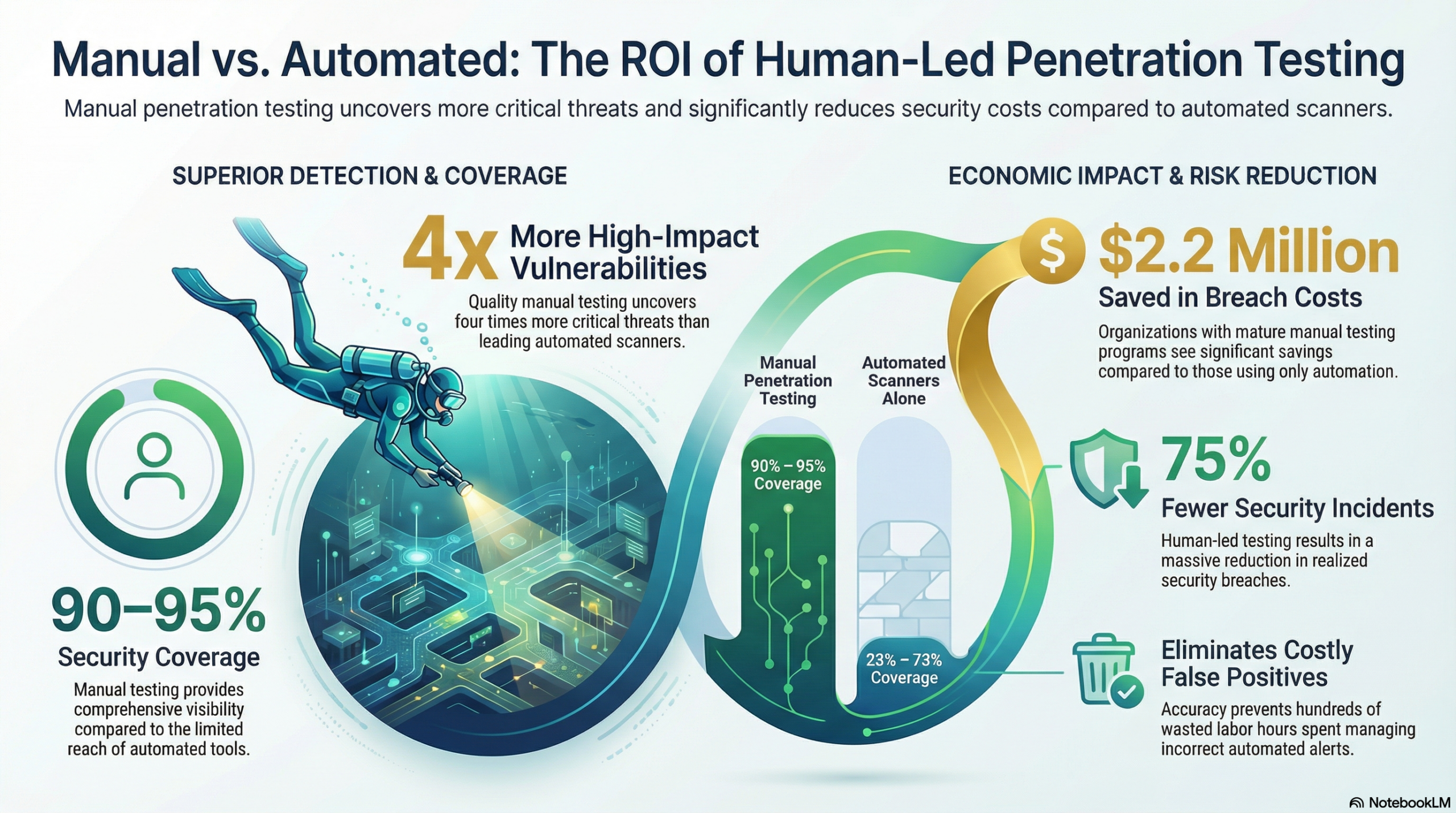 90-95% security coverage vs 23-73% Scanners Alone. 75% fewer Security Incidents.