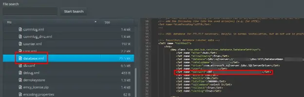 Lobster Data File Manager displaying the database.xml configuration file with an obfuscated SQL Server password stored using the OBF format. 