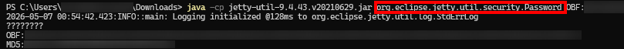  Command-line test using Jetty's Password utility against an OBF-formatted credential. 