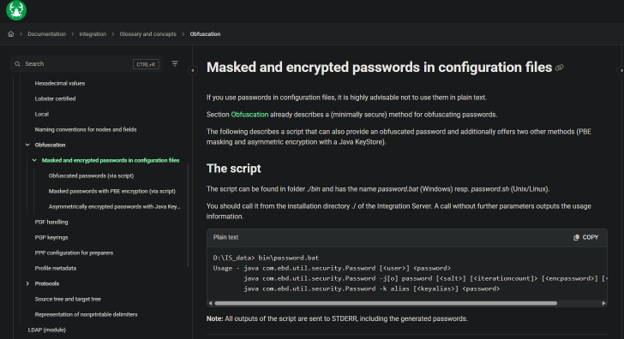 Lobster Data documentation describing masked and encrypted passwords in configuration files, including obfuscation, password-based encryption, and Java Keystore options. 