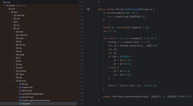 JetBrains IntelliJ displaying the decompiled com.ebd.util.security.Password class with the deobfuscate() method from Lobster Data's hub.jar file. 