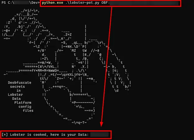  Command-line output from the custom Python decryption tool recovering plaintext credentials from an obfuscated Lobster Data password string. 